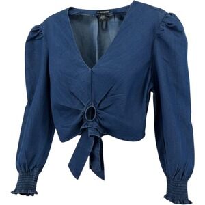 18 Centimeters Blue Chambray Tie Front Crop Top XL Puff Sleeve Smocked Denim XL